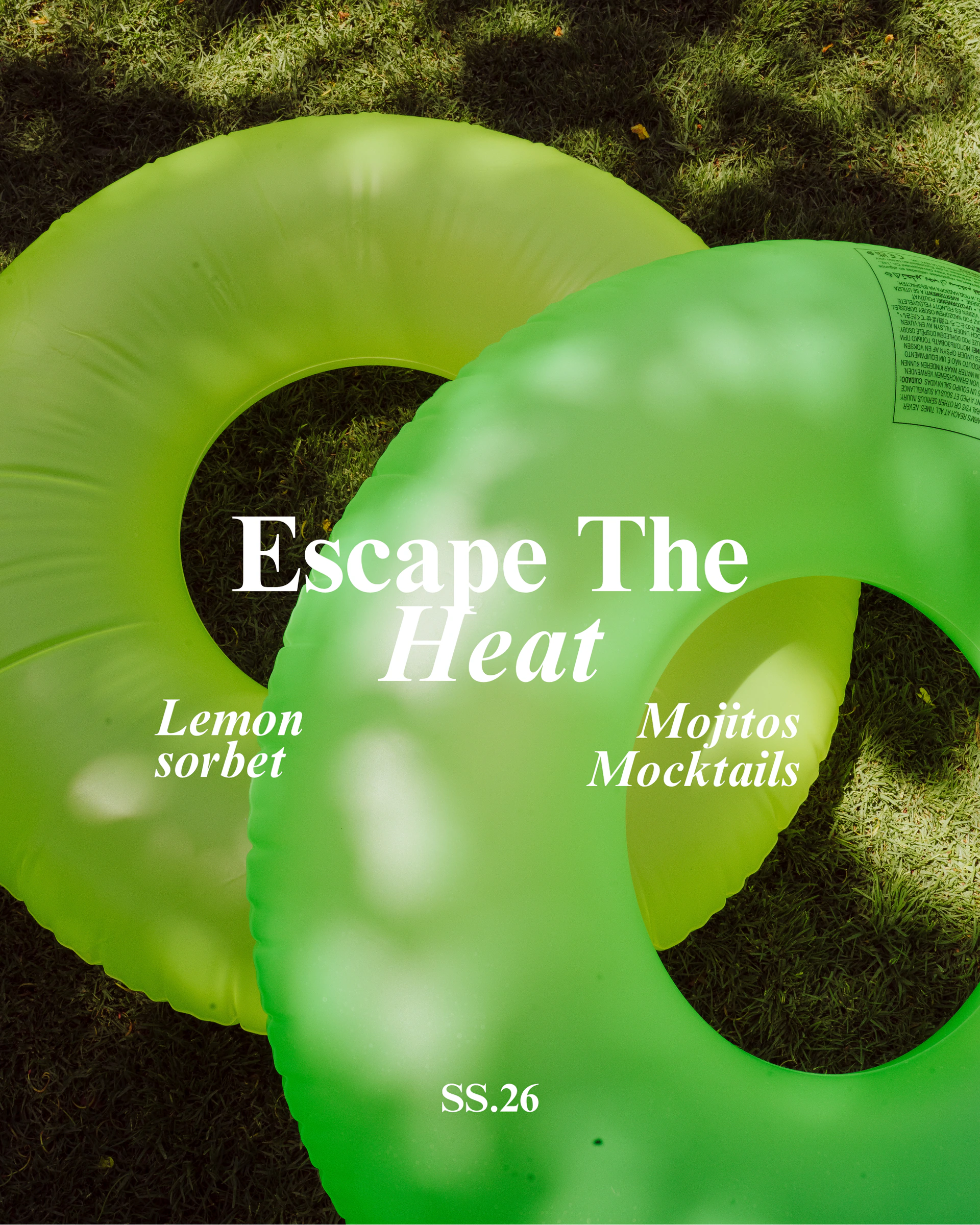 Escape The Heat campaign artwork with green inflatable rings
