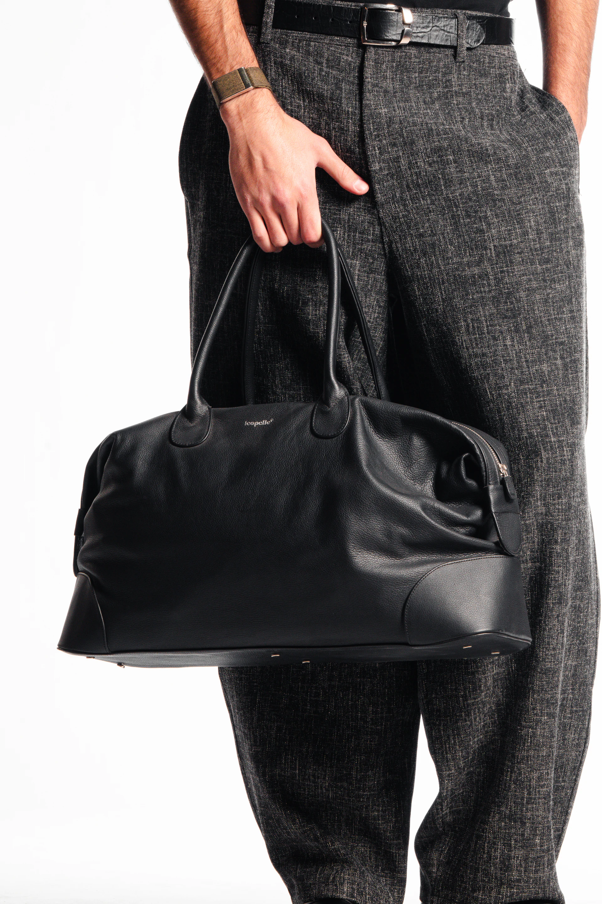 Leopelle premium black leather bag styled with tailored clothing