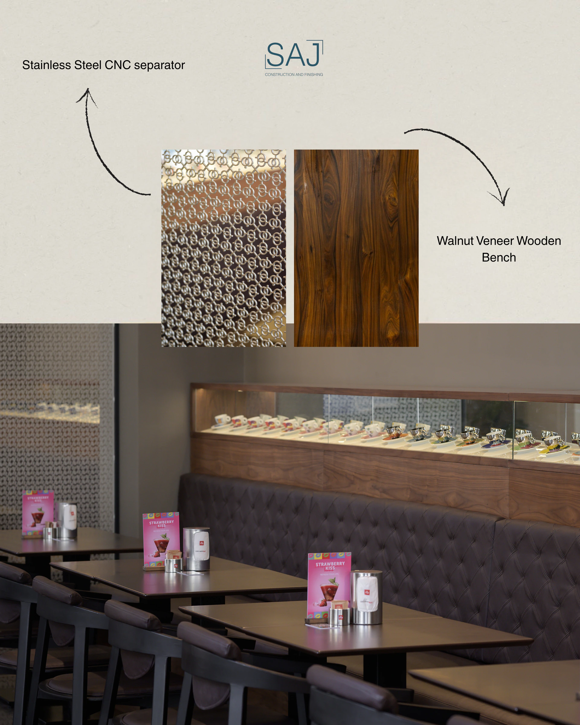 SAJ material study for a completed restaurant interior